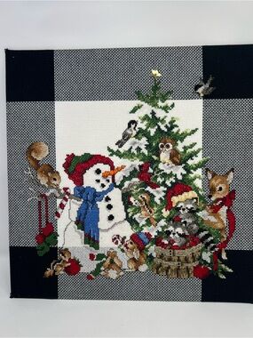 Hand Stitched Needlepoint Christmas  Snowman Woodland Animals 14” Ready To Frame